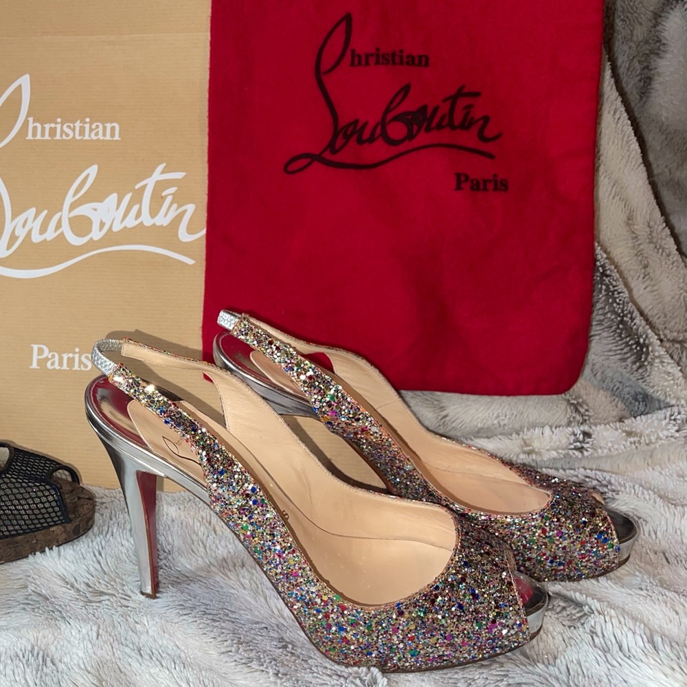 Christian Louboutin silver multicolor glitter sling back heels